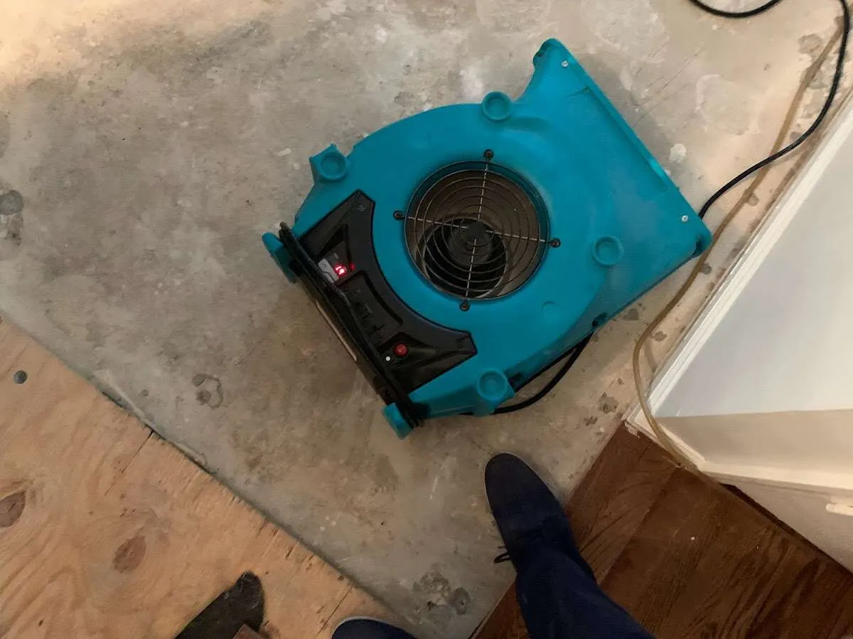 Air mover drying subfloor during Leak Detection & Repair in Raymond